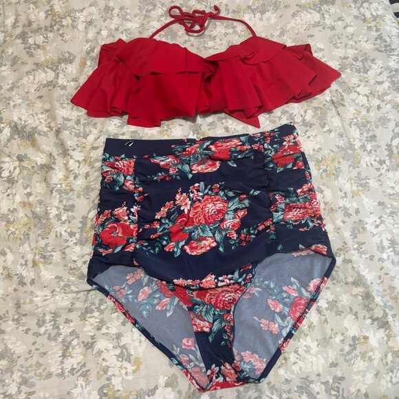 2pc Cocoship Red Ruffle Bikini Top & High-Waisted Floral Swim Bottoms Set 3X 16 - Picture 2 of 5